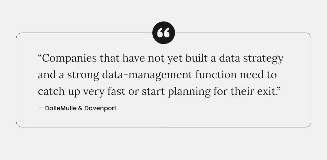 Quote: "Companies that have not yet built a data strategy and a strong data-management function need to catch up very fast or start planning for their exit." DalleMulle and Davenport