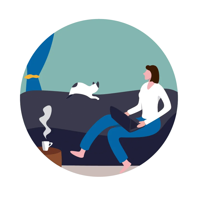 drawing of woman working on the floor in front of her home sofa