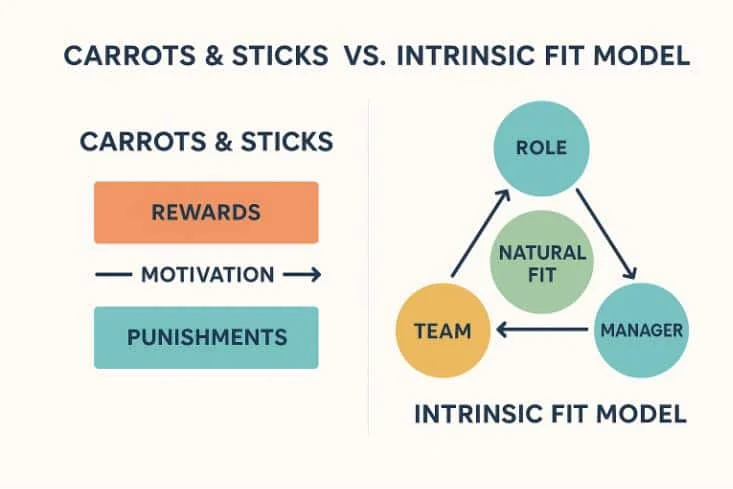 Diagram of the Carrots & Sticks Model: Motivation is determined by Rewards and Punishments. And the Intrinsic fit model where Role, Manager, Team, all revolve around a natural fit.