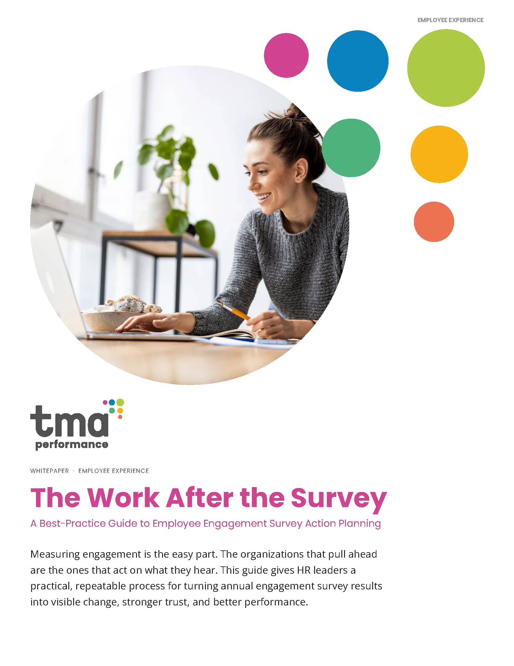 Cover of TMA Performance's Whitepaper: THe Work After The Survey featuring a woman in a sweater smiling at her laptop