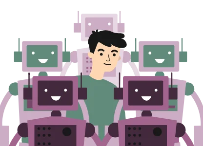 drawing of man standing in between robots representing automation