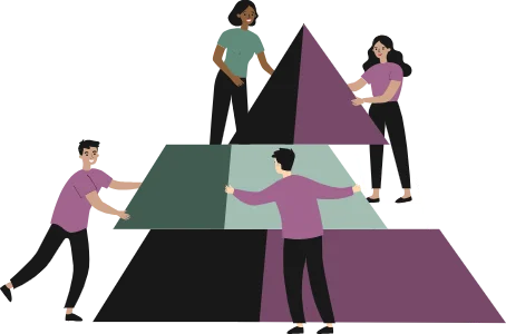 drawing of coworkers working together to build a pyramid
