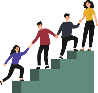 employees helping each other up stairs