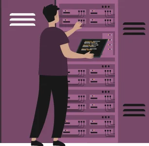 drawing a man configuring network servers representing enterprise features